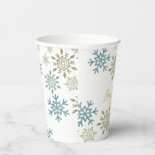 Schneeflocken Weihnachten Grün Gold Pappbecher (Rechts)