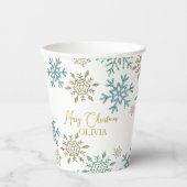 Schneeflocken Weihnachten Grün Gold Pappbecher (Vorderseite)