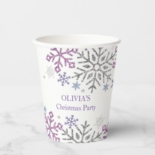 Schneeflocken Weihnachten Lila Silber Pappbecher (Vorderseite)