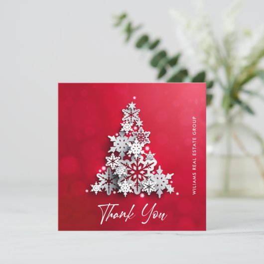 Schneeflocken Weihnachtsbaum Firmenfeiertag Dankeskarte (Stehend Vorderseite)