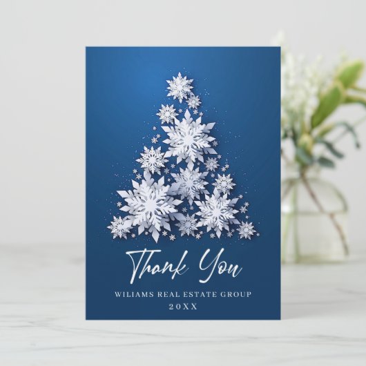 Schneeflocken Weihnachtsbaum Firmenfeiertag Dankeskarte (Stehend Vorderseite)