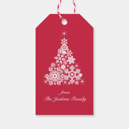 Schneeflocken Weihnachtsbaum rot-weiß Geschenkmark Geschenkanhänger (Rückseite)