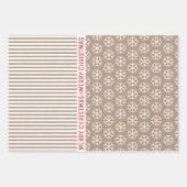 Schneeflocken, Weihnachtsbäume, braune Kraftstreif Geschenkpapier Set (Vorderseite)