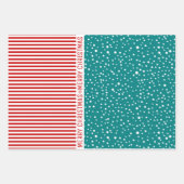 Schneeflocken, Weihnachtsbäume, rote Streifen aqua Geschenkpapier Set (Vorderseite 2)