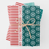 Schneeflocken, Weihnachtsbäume, rote Streifen aqua Geschenkpapier Set (Beispiel)