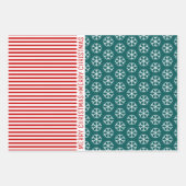 Schneeflocken, Weihnachtsbäume, rote Streifen aqua Geschenkpapier Set (Vorderseite)