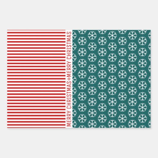 Schneeflocken, Weihnachtsbäume, rote Streifen aqua Geschenkpapier Set (Vorderseite)