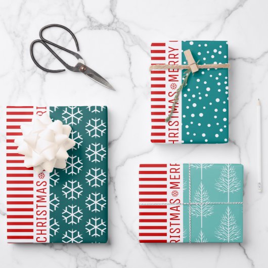 Schneeflocken, Weihnachtsbäume, rote Streifen aqua Geschenkpapier Set (Vorderseite)