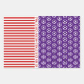Schneeflocken, Weihnachtsbäume, rote Streifen blau Geschenkpapier Set (Vorderseite)