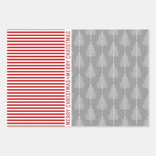 Schneeflocken, Weihnachtsbäume, rote Streifen grau Geschenkpapier Set (Vorderseite 3)