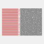 Schneeflocken, Weihnachtsbäume, rote Streifen grau Geschenkpapier Set (Vorderseite 2)