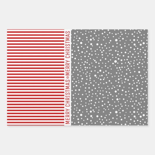 Schneeflocken, Weihnachtsbäume, rote Streifen grau Geschenkpapier Set (Vorderseite 2)