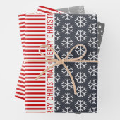 Schneeflocken, Weihnachtsbäume, rote Streifen grau Geschenkpapier Set (Beispiel)