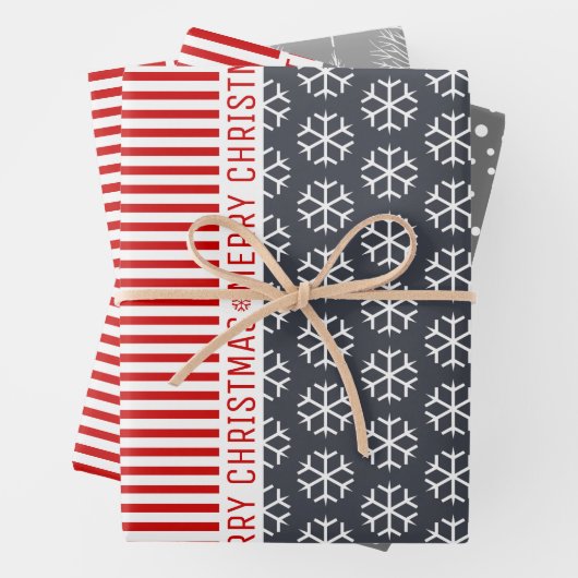 Schneeflocken, Weihnachtsbäume, rote Streifen grau Geschenkpapier Set (Beispiel)