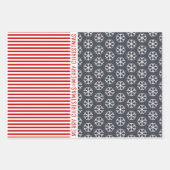 Schneeflocken, Weihnachtsbäume, rote Streifen grau Geschenkpapier Set (Vorderseite)