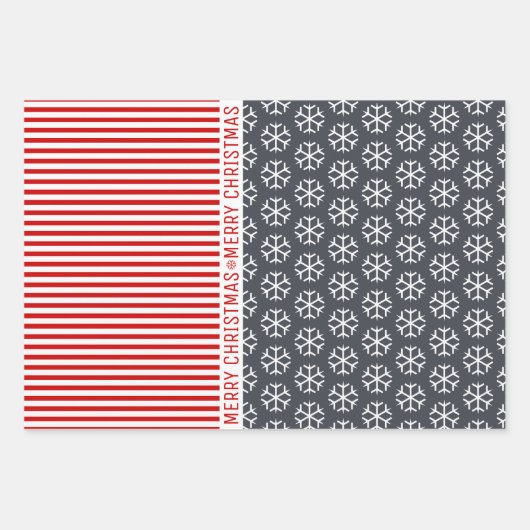 Schneeflocken, Weihnachtsbäume, rote Streifen grau Geschenkpapier Set (Vorderseite)