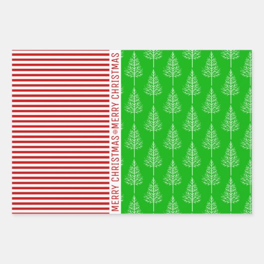 Schneeflocken, Weihnachtsbäume, rote Streifen grün Geschenkpapier Set (Vorderseite 3)