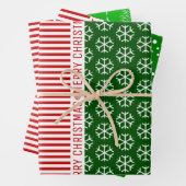 Schneeflocken, Weihnachtsbäume, rote Streifen grün Geschenkpapier Set (Beispiel)
