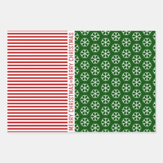 Schneeflocken, Weihnachtsbäume, rote Streifen grün Geschenkpapier Set (Vorderseite)
