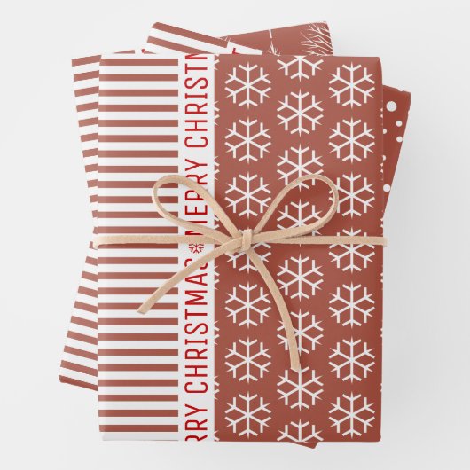 Schneeflocken, Weihnachtsbäume Terrakotta Streifen Geschenkpapier Set (Beispiel)