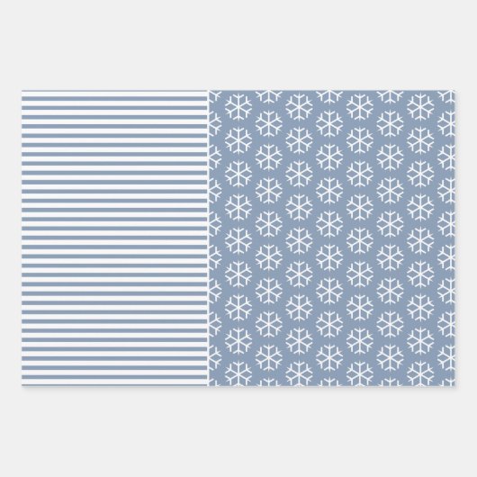 Schneeflocken, Weihnachtsbäume und Streifen staubb Geschenkpapier Set (Vorderseite)