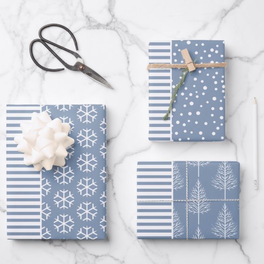 Schneeflocken, Weihnachtsbäume und Streifen staubb Geschenkpapier Set (Vorderseite)