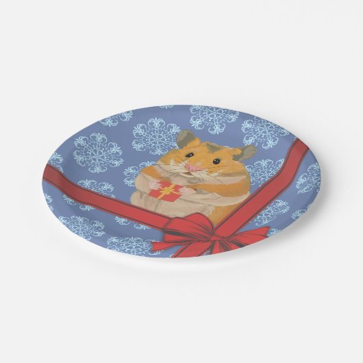 Schneeflocken Weihnachtshamster Pappteller (Schrägansicht)