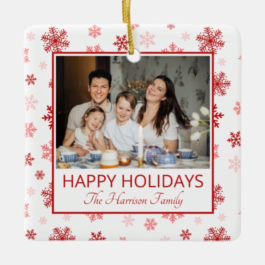 Schneeflocken Weiß 2 Fotos Happy Holidays Familie Keramikornament (Vorderseite)