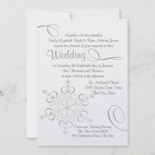 Schneeflocken Weiße Hochzeit Einladung (Vorderseite)