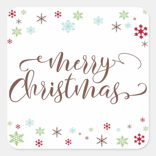 Schneeflocken, Weiße Weihnachten, braune Typografi Quadratischer Aufkleber (Vorderseite)