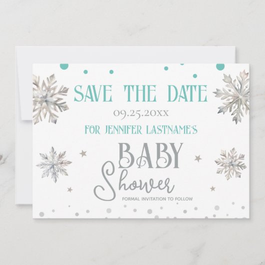 Schneeflocken Winter Baby Dusche Save the Date Einladung (Vorderseite)
