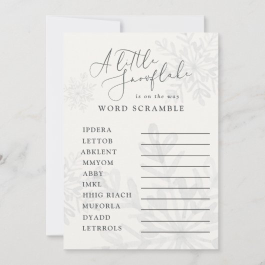 Schneeflocken Winter Baby Dusche Wort Rührei Einladung (Vorderseite)