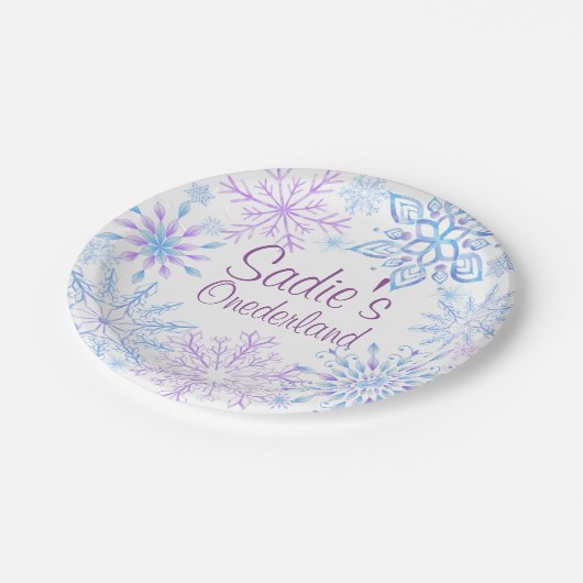 Schneeflocken Winter Einmal-Derland Erster Geburts Pappteller (Schrägansicht)