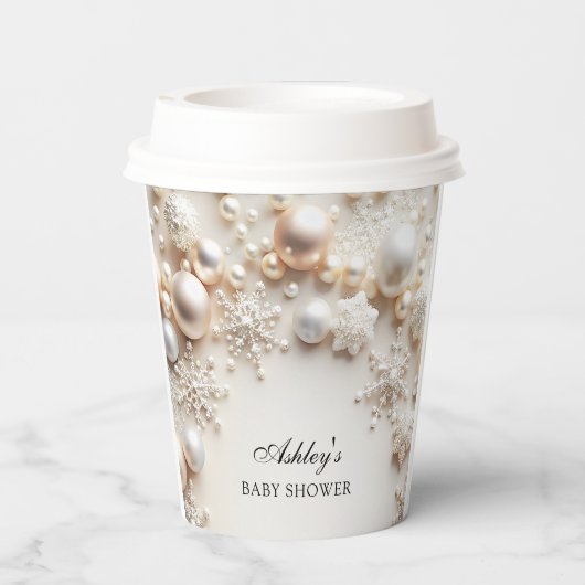 Schneeflocken Winter Wonderland Babydusche Pappbecher (Rückseite)