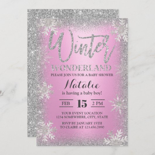 Schneeflocken Winter Wonderland Pink Baby Dusche Einladung (Vorne/Hinten)
