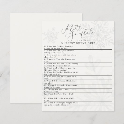 Schneeflocken Winterbabydusche Quiz (Vorne/Hinten)