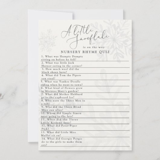 Schneeflocken Winterbabydusche Quiz Einladung (Vorderseite)