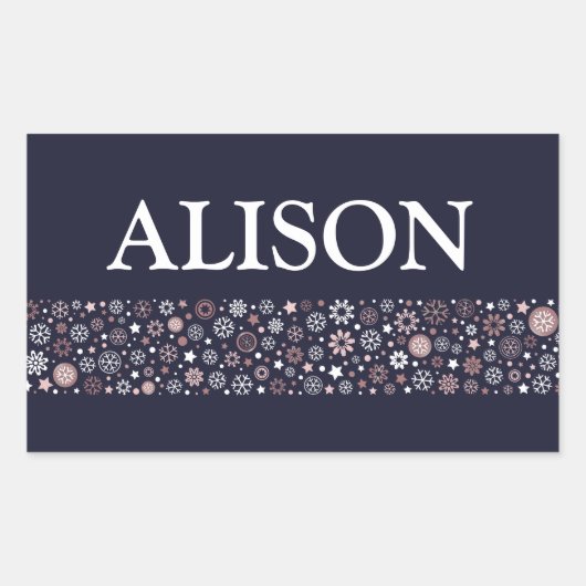 Schneeflocken Winterblau, weiß und pink, Name und  Rechteckiger Aufkleber (Vorderseite)
