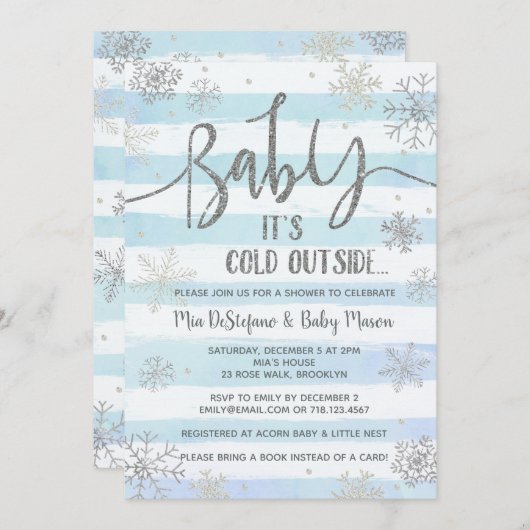 Schneeflocken Winterdusche Einladung (Vorne/Hinten)