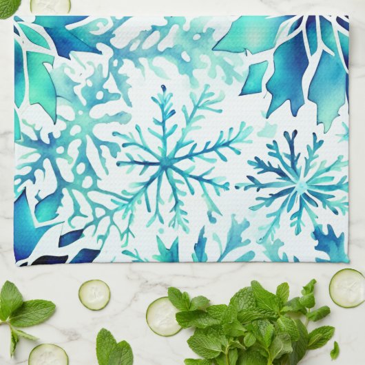 Schneeflocken Wintermagie Wasserfarbenmuster Geschirrtuch (Gefaltet)