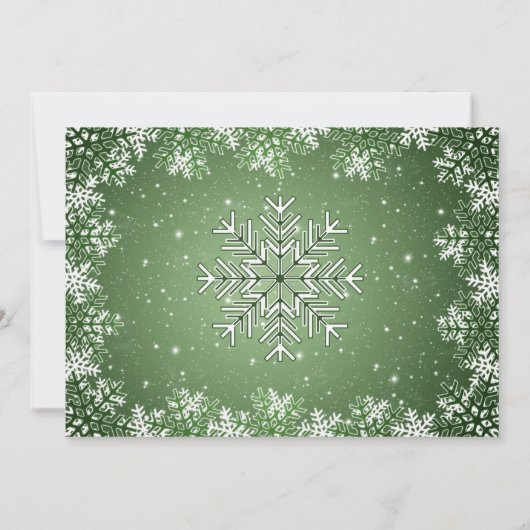 Schneeflocken zum Abendessen in grüner Weihnachtsz Einladung (Rückseite)