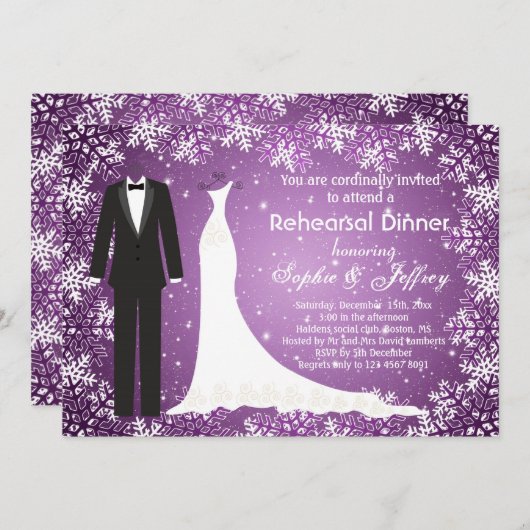 Schneeflocken zum lila Probe-Abendessen Einladung (Vorne/Hinten)