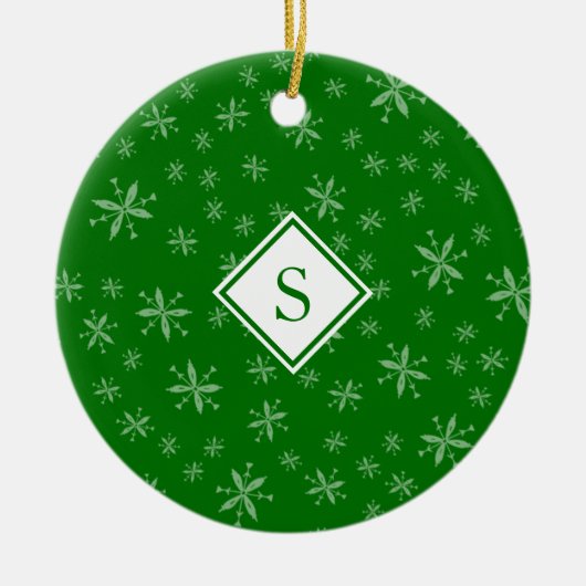 Schneeflockenmuster Mit Monogramm Grün Weihnachten Keramik Ornament (Vorne)