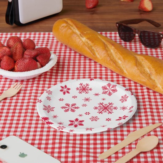 Schneeflockenmuster, Rote Schneeflocken, Schnee, W Pappteller (Picknick)