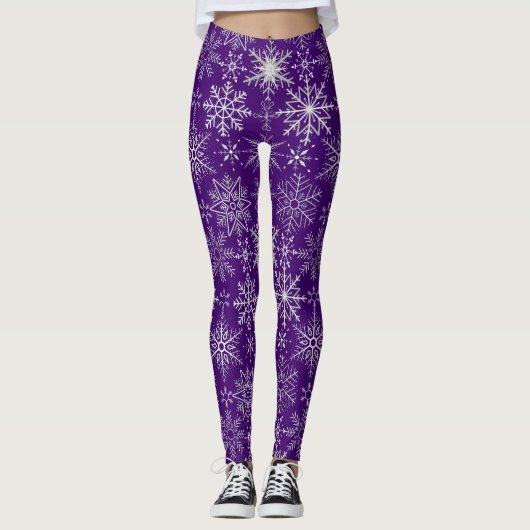 Schneeflockenmuster Weiß. D Lila BG Leggings (Vorderseite)