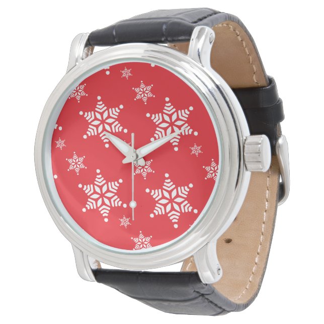 Schneeflockenmuster, weiße Schneeflocken, Schnee,  Armbanduhr (Schrägansicht)