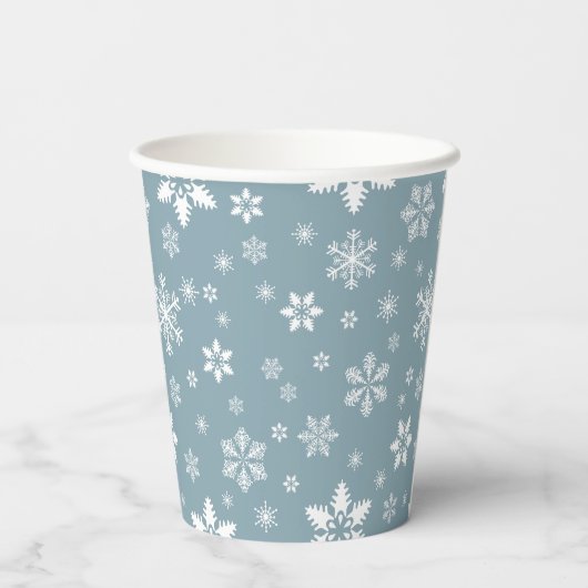 Schneeflockenmuster, weiße Schneeflocken, Schnee,  Pappbecher (Rückseite)