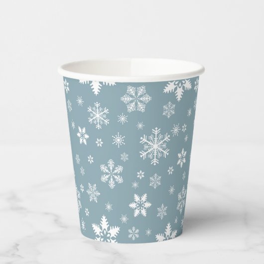 Schneeflockenmuster, weiße Schneeflocken, Schnee,  Pappbecher (Links)