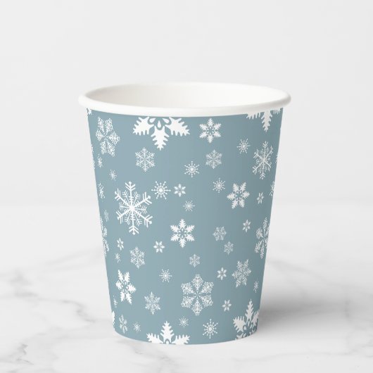 Schneeflockenmuster, weiße Schneeflocken, Schnee,  Pappbecher (Vorderseite)