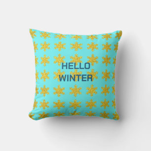 Schneeflockenmuster Winter-Typografie Gold Blau Kissen
